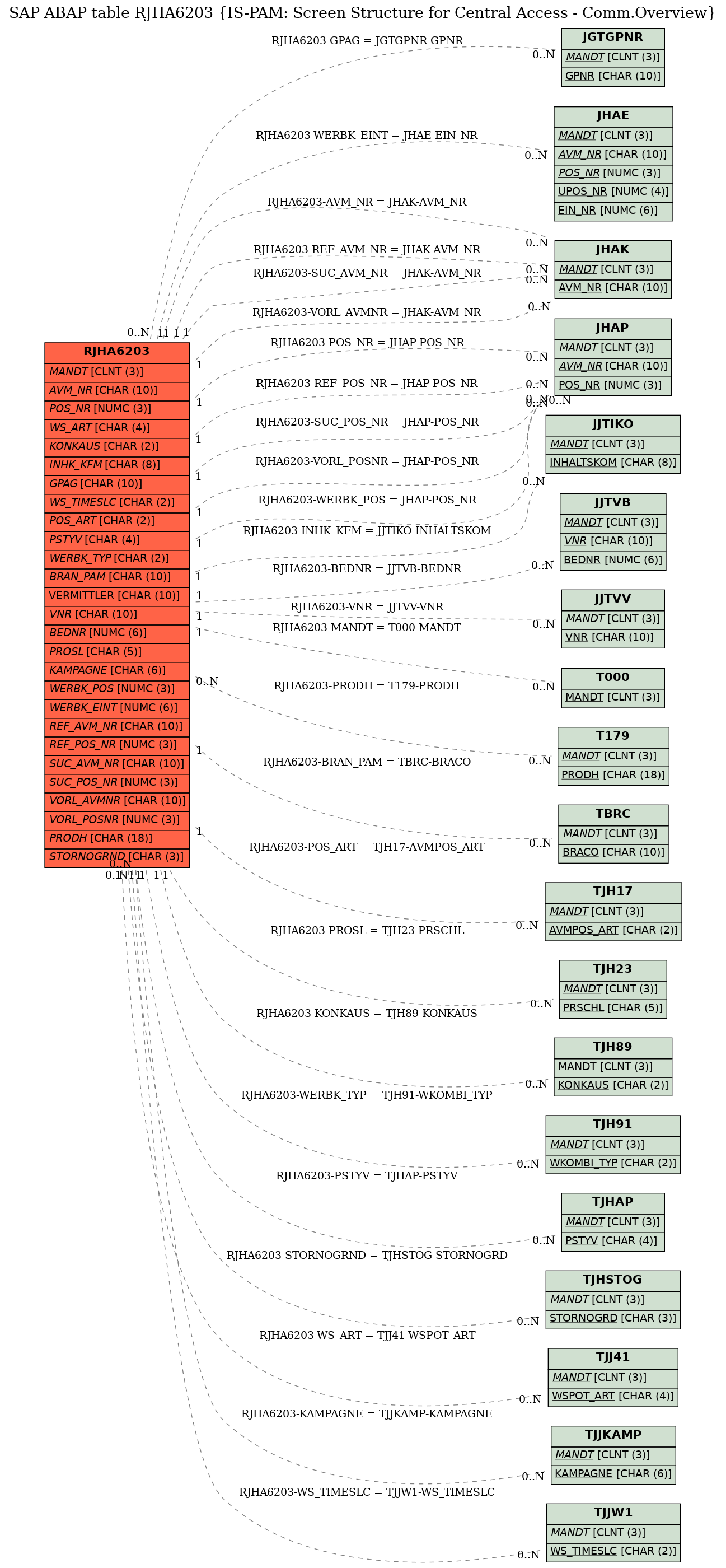 E-R Diagram for table RJHA6203 (IS-PAM: Screen Structure for Central Access - Comm.Overview)