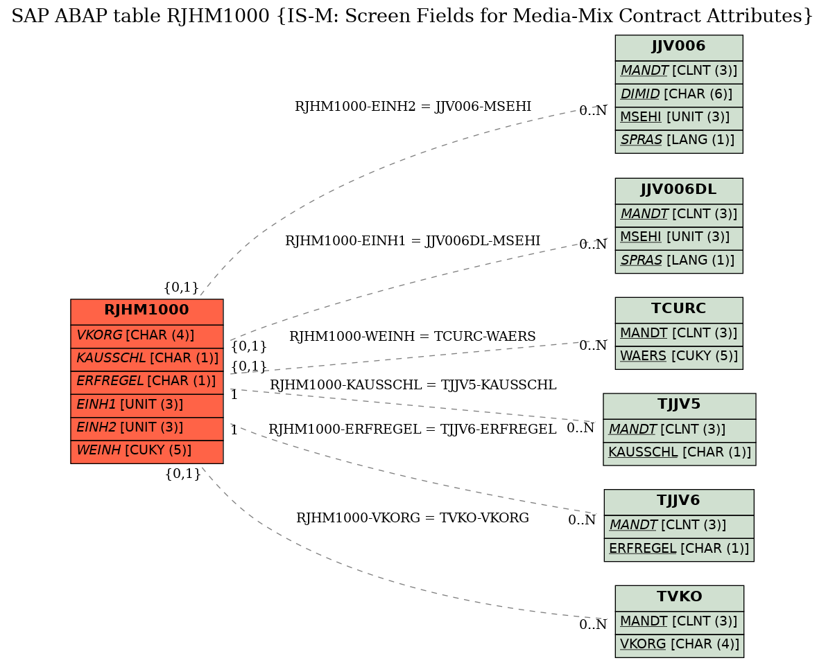 E-R Diagram for table RJHM1000 (IS-M: Screen Fields for Media-Mix Contract Attributes)