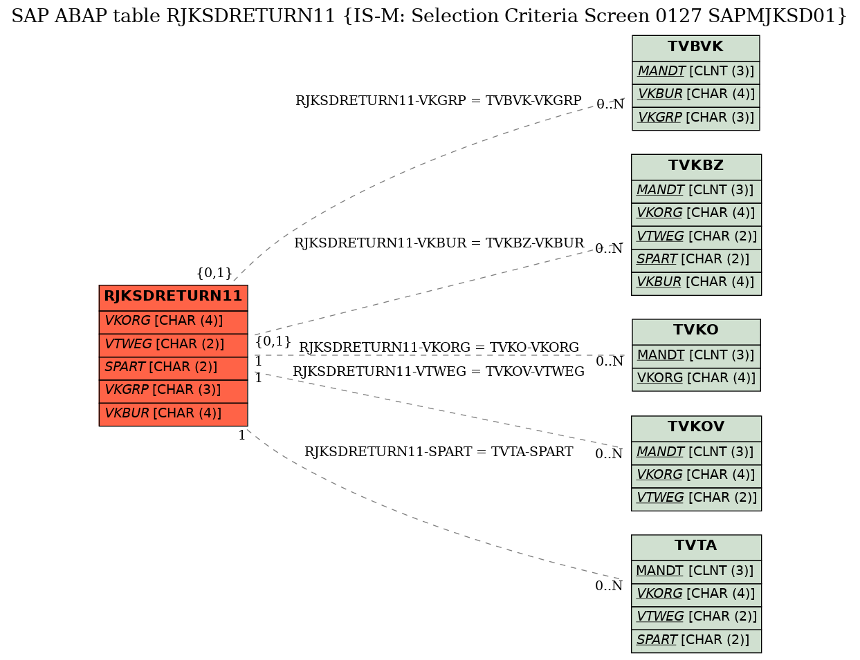 E-R Diagram for table RJKSDRETURN11 (IS-M: Selection Criteria Screen 0127 SAPMJKSD01)