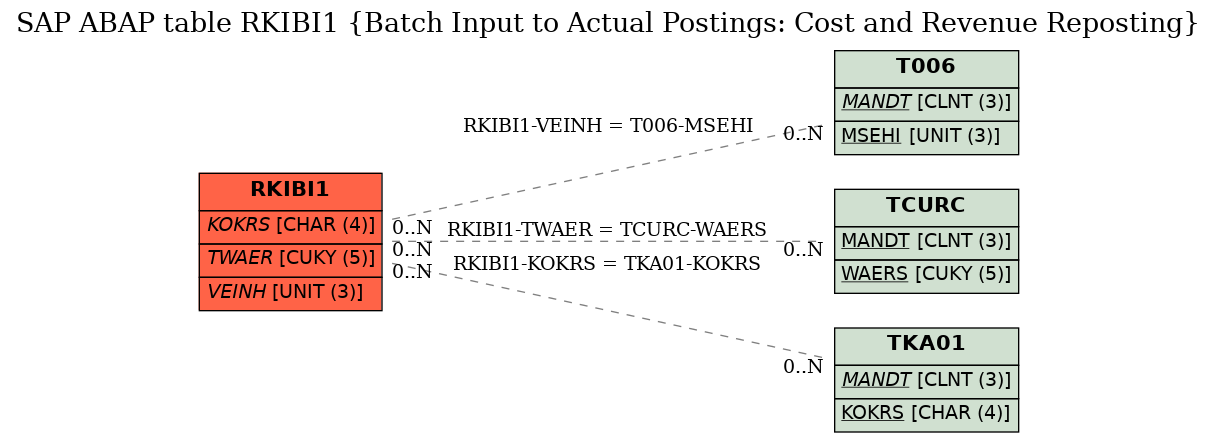 E-R Diagram for table RKIBI1 (Batch Input to Actual Postings: Cost and Revenue Reposting)