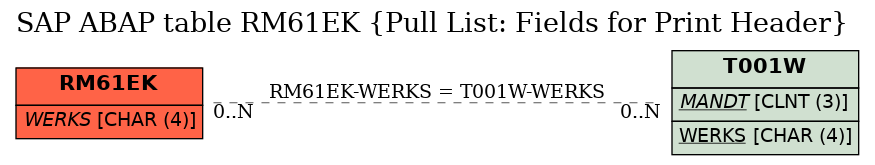 E-R Diagram for table RM61EK (Pull List: Fields for Print Header)