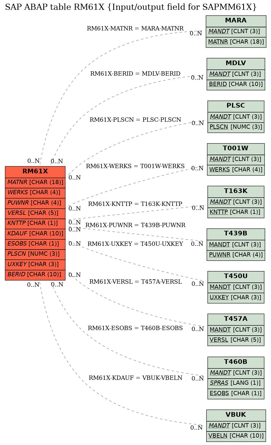 E-R Diagram for table RM61X (Input/output field for SAPMM61X)