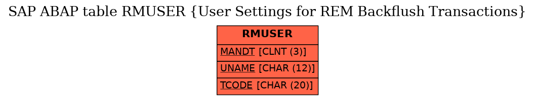 E-R Diagram for table RMUSER (User Settings for REM Backflush Transactions)