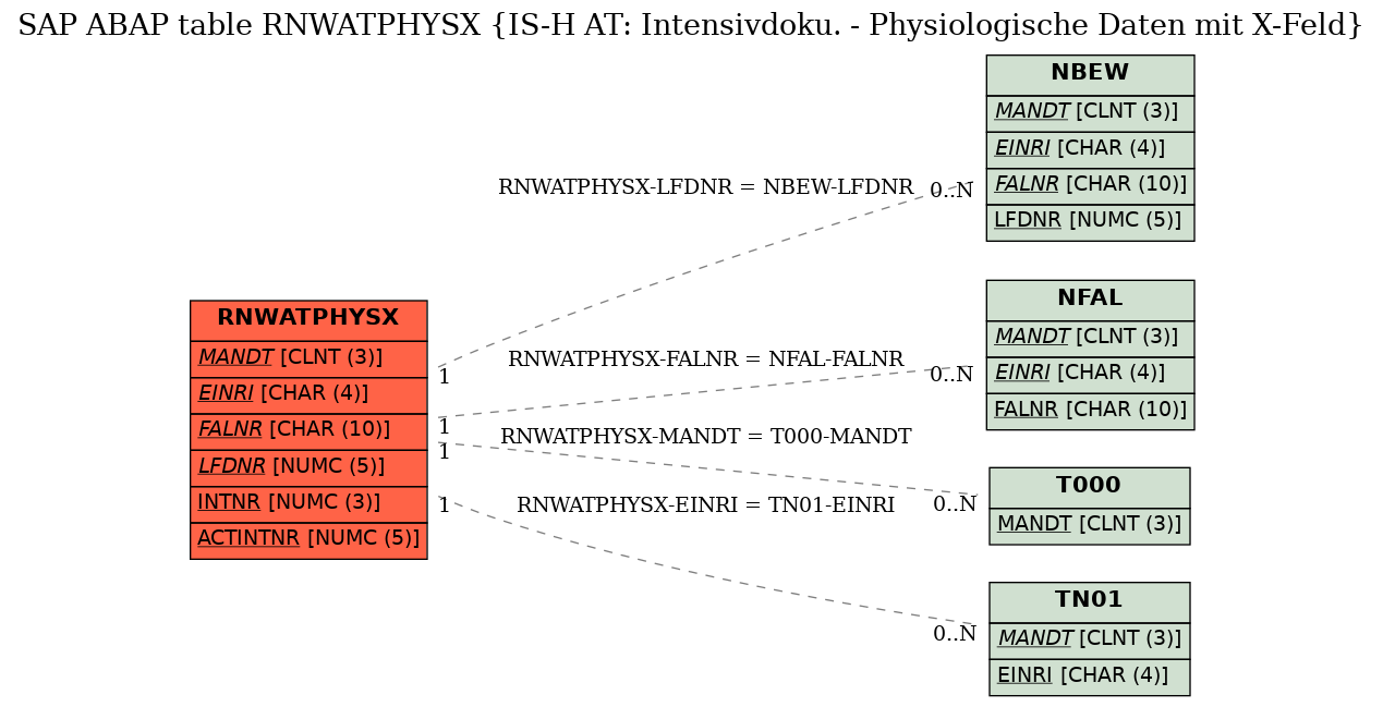 E-R Diagram for table RNWATPHYSX (IS-H AT: Intensivdoku. - Physiologische Daten mit X-Feld)