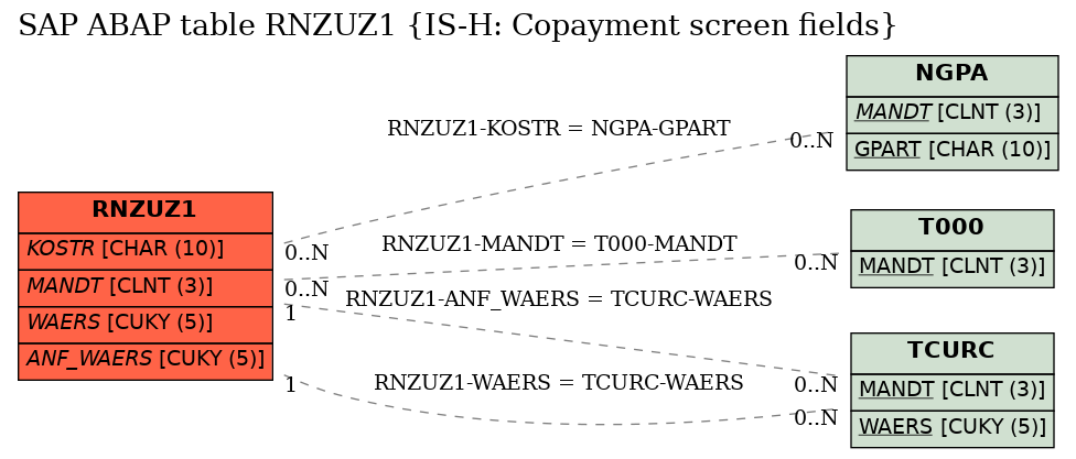 E-R Diagram for table RNZUZ1 (IS-H: Copayment screen fields)