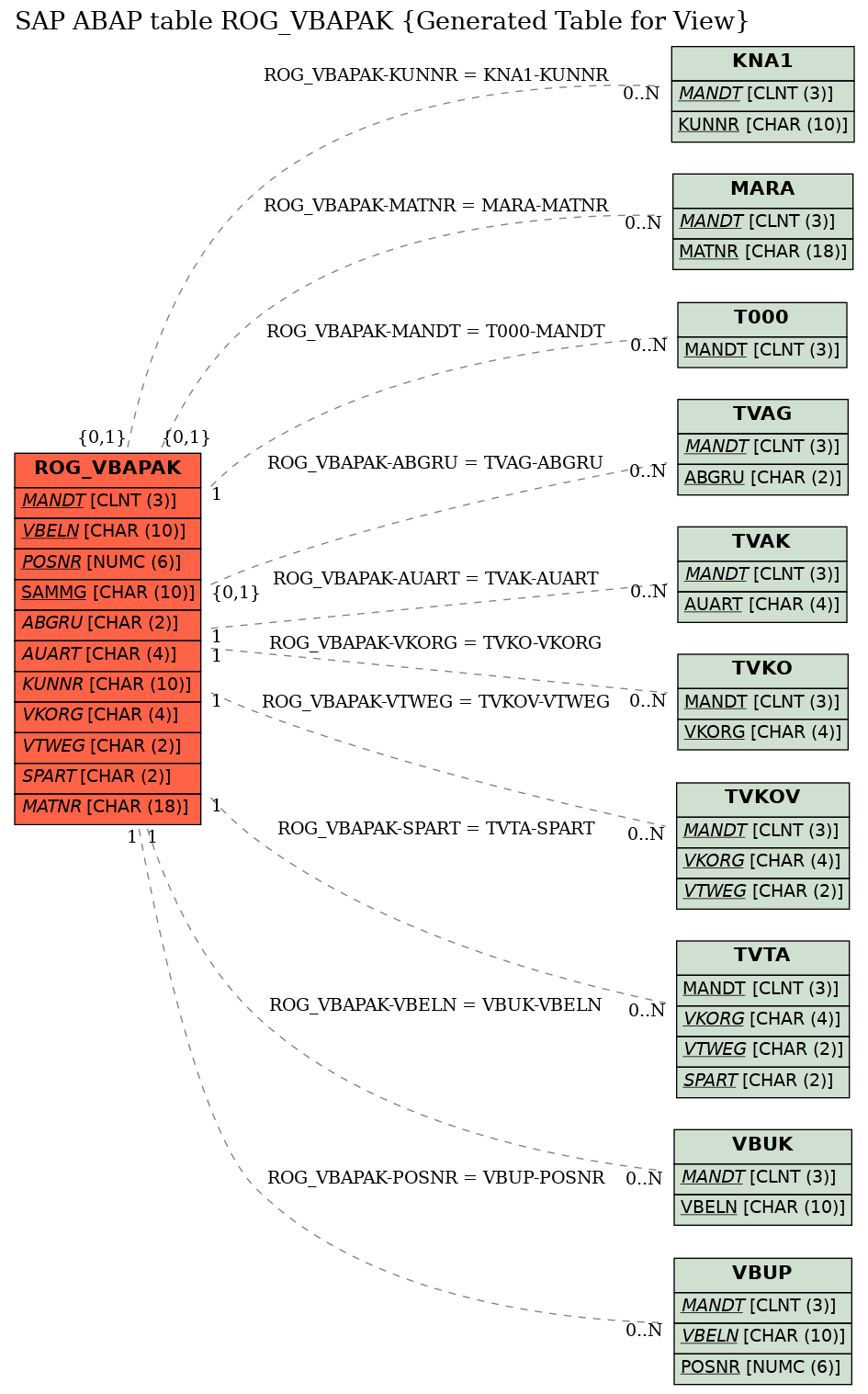 E-R Diagram for table ROG_VBAPAK (Generated Table for View)