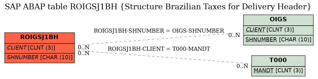 E-R Diagram for table ROIGSJ1BH (Structure Brazilian Taxes for Delivery Header)