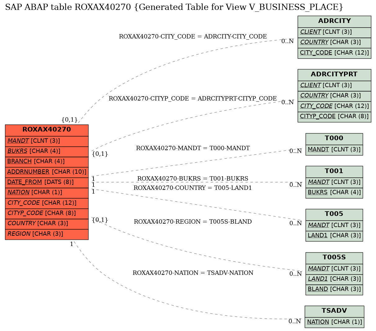 E-R Diagram for table ROXAX40270 (Generated Table for View V_BUSINESS_PLACE)