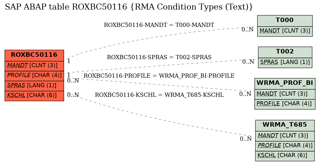 E-R Diagram for table ROXBC50116 (RMA Condition Types (Text))