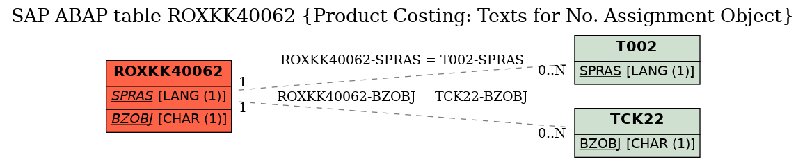 E-R Diagram for table ROXKK40062 (Product Costing: Texts for No. Assignment Object)