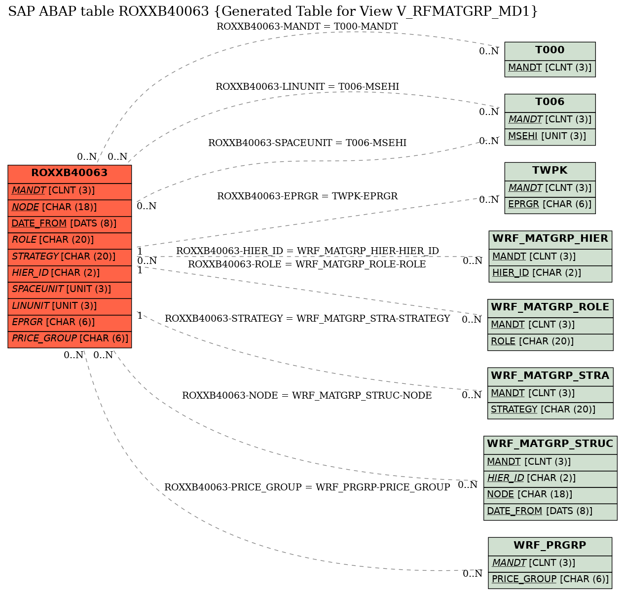 E-R Diagram for table ROXXB40063 (Generated Table for View V_RFMATGRP_MD1)