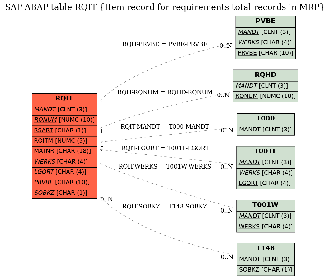 E-R Diagram for table RQIT (Item record for requirements total records in MRP)