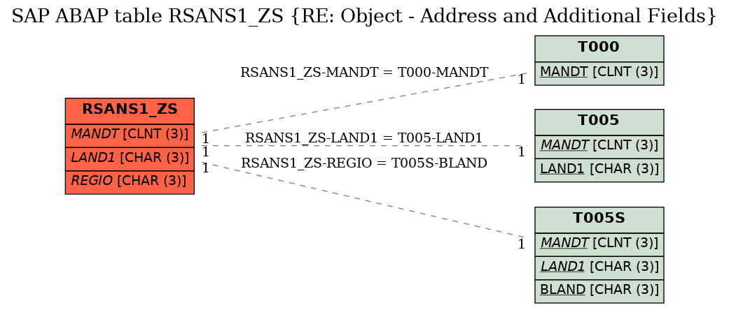 E-R Diagram for table RSANS1_ZS (RE: Object - Address and Additional Fields)