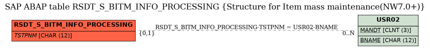 E-R Diagram for table RSDT_S_BITM_INFO_PROCESSING (Structure for Item mass maintenance(NW7.0+))