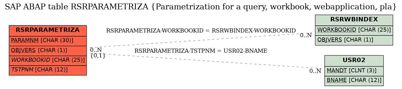 E-R Diagram for table RSRPARAMETRIZA (Parametrization for a query, workbook, webapplication, pla)