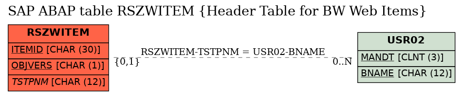 E-R Diagram for table RSZWITEM (Header Table for BW Web Items)