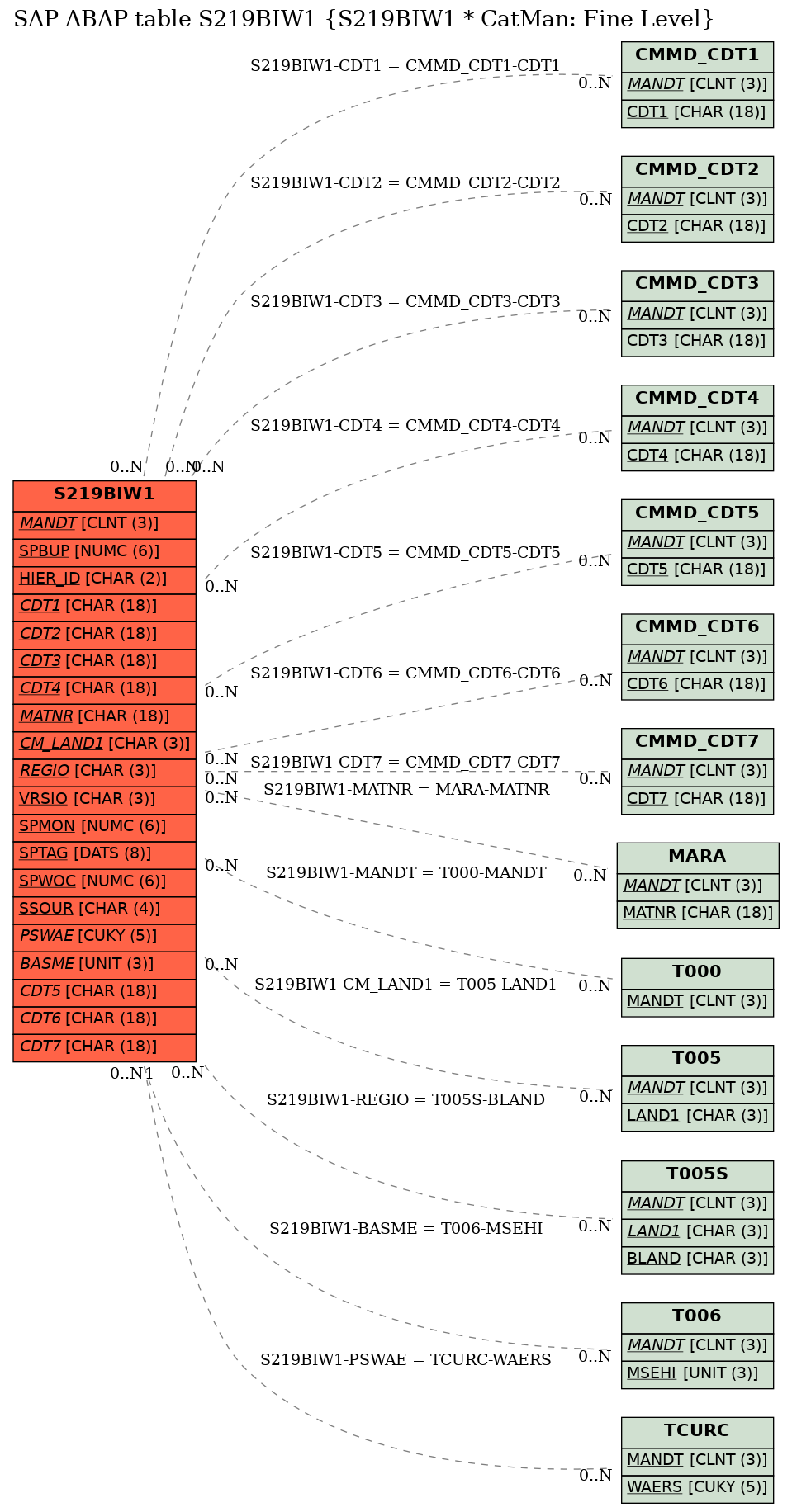 E-R Diagram for table S219BIW1 (S219BIW1 * CatMan: Fine Level)