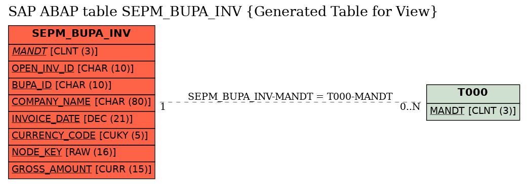 E-R Diagram for table SEPM_BUPA_INV (Generated Table for View)