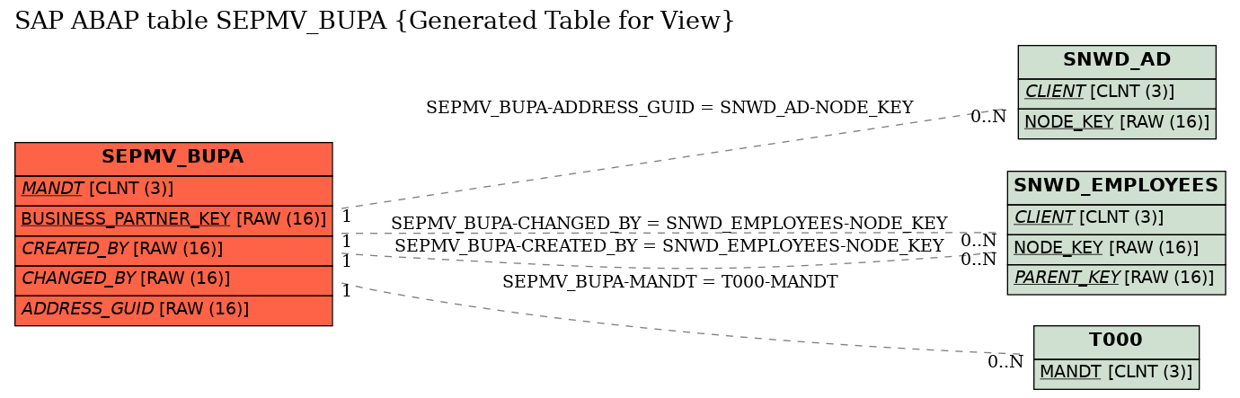 E-R Diagram for table SEPMV_BUPA (Generated Table for View)