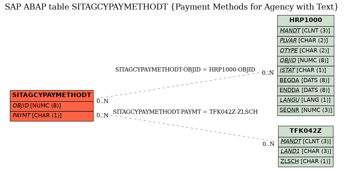 E-R Diagram for table SITAGCYPAYMETHODT (Payment Methods for Agency with Text)