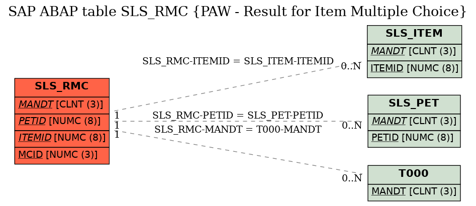 E-R Diagram for table SLS_RMC (PAW - Result for Item Multiple Choice)