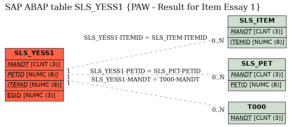 E-R Diagram for table SLS_YESS1 (PAW - Result for Item Essay 1)