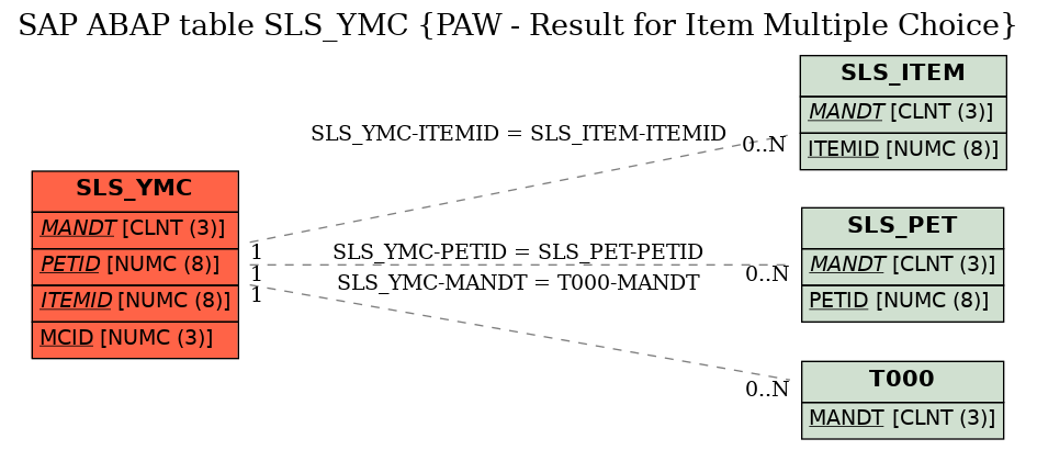 E-R Diagram for table SLS_YMC (PAW - Result for Item Multiple Choice)