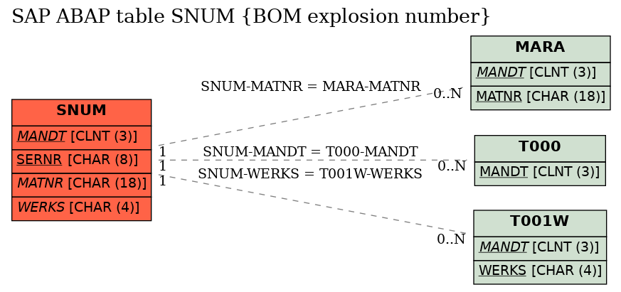 E-R Diagram for table SNUM (BOM explosion number)