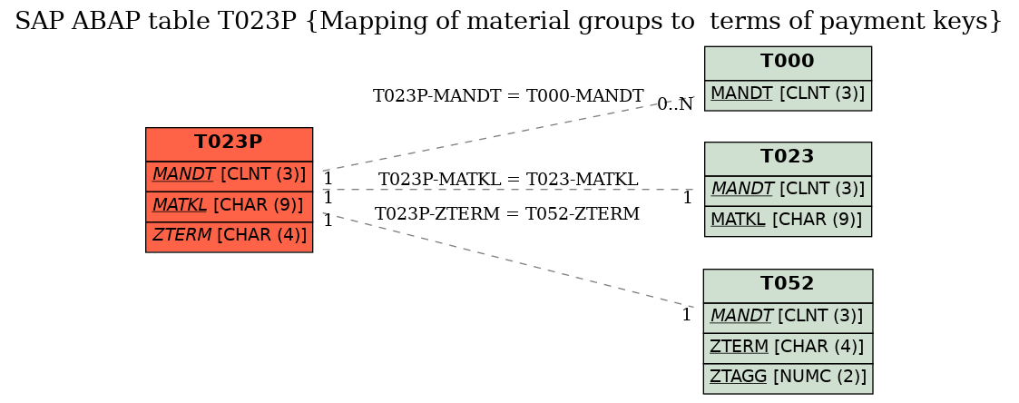 E-R Diagram for table T023P (Mapping of material groups to  terms of payment keys)