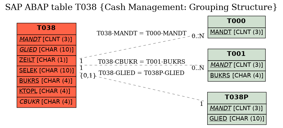 E-R Diagram for table T038 (Cash Management: Grouping Structure)