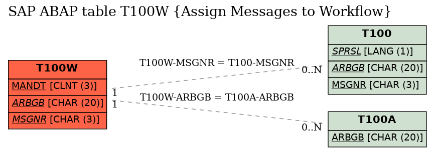 E-R Diagram for table T100W (Assign Messages to Workflow)