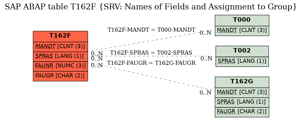 E-R Diagram for table T162F (SRV: Names of Fields and Assignment to Group)