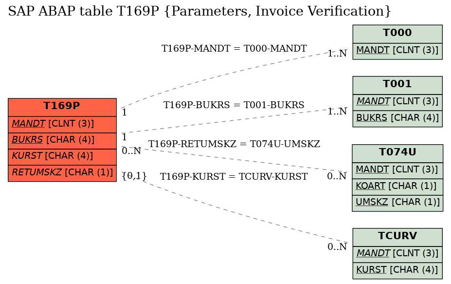 E-R Diagram for table T169P (Parameters, Invoice Verification)