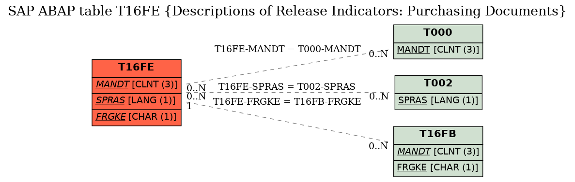 E-R Diagram for table T16FE (Descriptions of Release Indicators: Purchasing Documents)