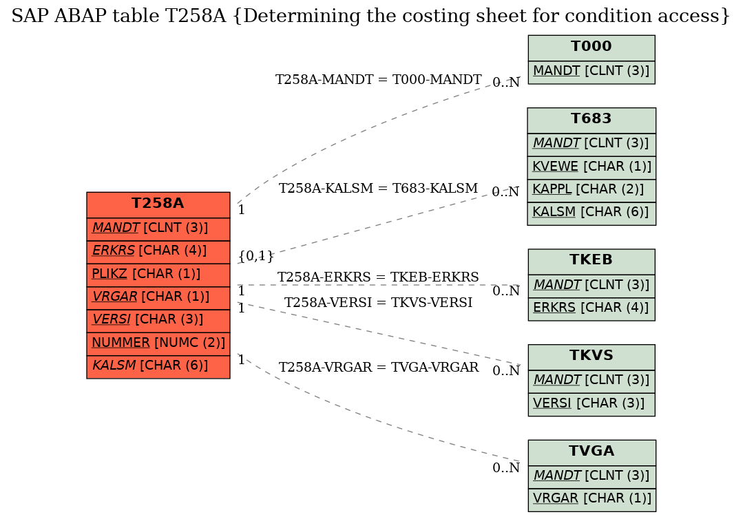 E-R Diagram for table T258A (Determining the costing sheet for condition access)
