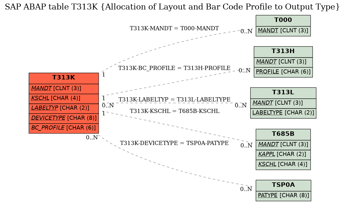 E-R Diagram for table T313K (Allocation of Layout and Bar Code Profile to Output Type)