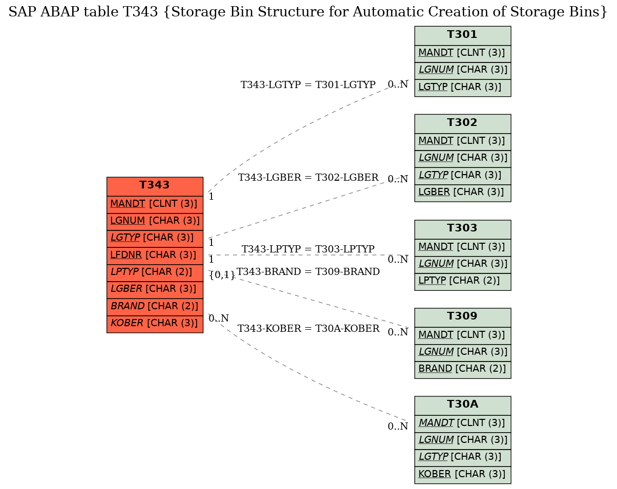 E-R Diagram for table T343 (Storage Bin Structure for Automatic Creation of Storage Bins)