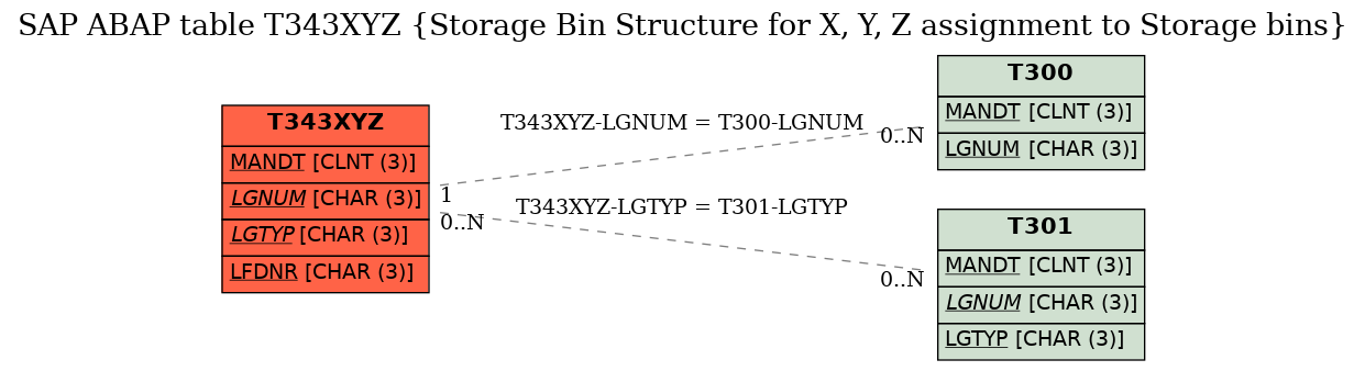 E-R Diagram for table T343XYZ (Storage Bin Structure for X, Y, Z assignment to Storage bins)