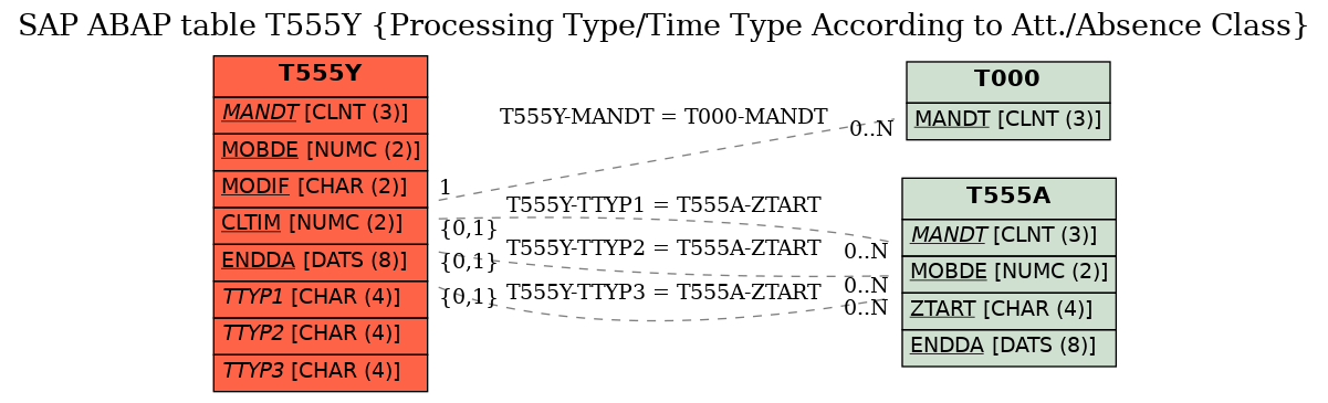 E-R Diagram for table T555Y (Processing Type/Time Type According to Att./Absence Class)