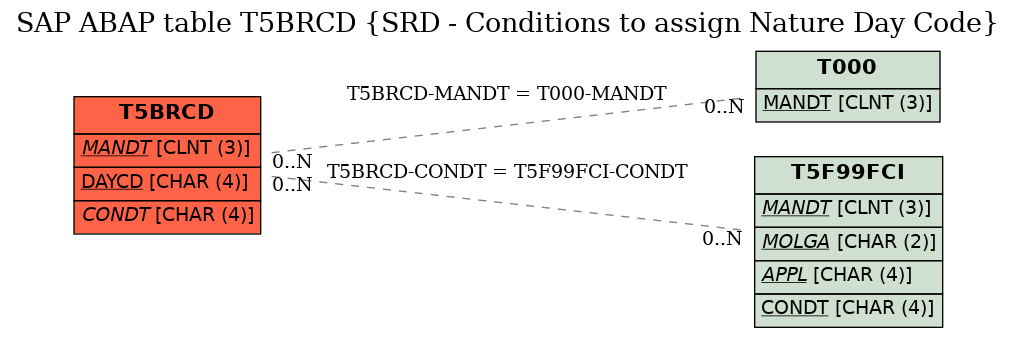 E-R Diagram for table T5BRCD (SRD - Conditions to assign Nature Day Code)