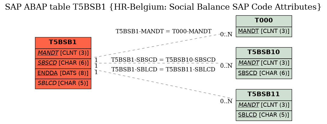 E-R Diagram for table T5BSB1 (HR-Belgium: Social Balance SAP Code Attributes)