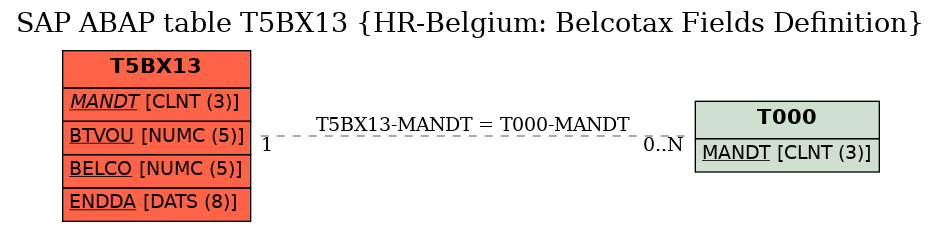 E-R Diagram for table T5BX13 (HR-Belgium: Belcotax Fields Definition)