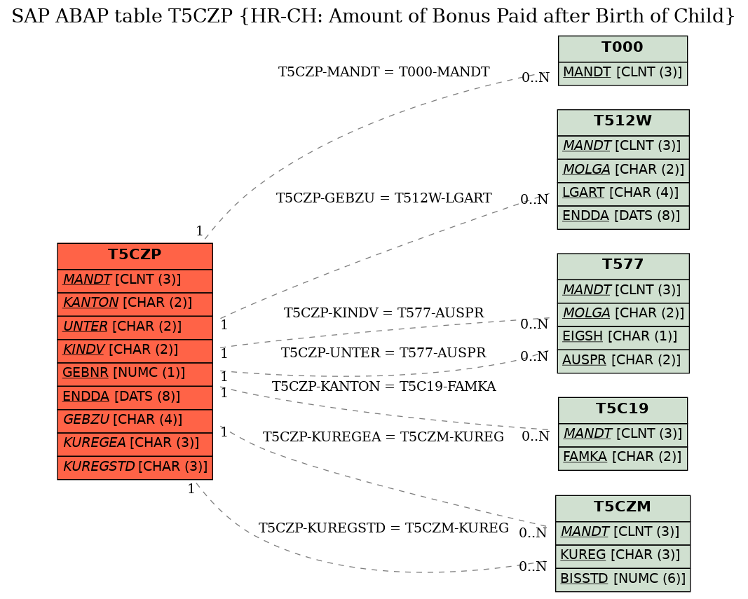E-R Diagram for table T5CZP (HR-CH: Amount of Bonus Paid after Birth of Child)