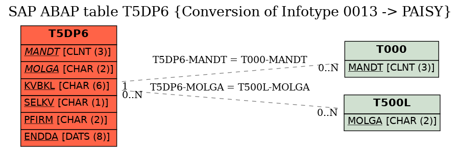E-R Diagram for table T5DP6 (Conversion of Infotype 0013 -> PAISY)