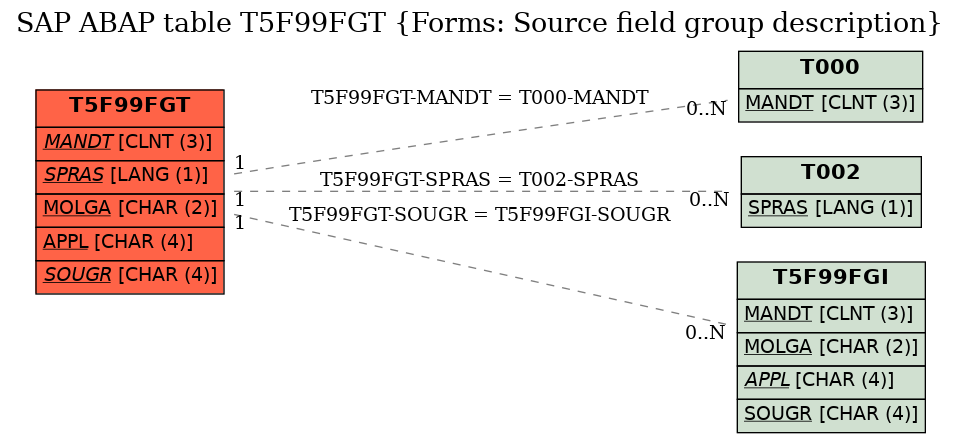 E-R Diagram for table T5F99FGT (Forms: Source field group description)