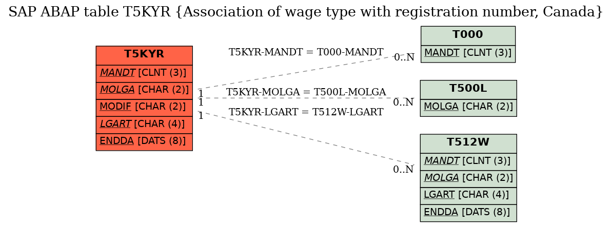 E-R Diagram for table T5KYR (Association of wage type with registration number, Canada)