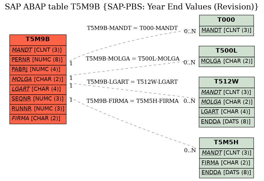 E-R Diagram for table T5M9B (SAP-PBS: Year End Values (Revision))