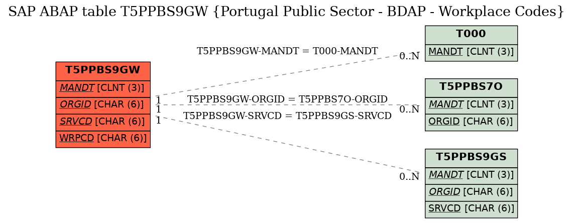 E-R Diagram for table T5PPBS9GW (Portugal Public Sector - BDAP - Workplace Codes)