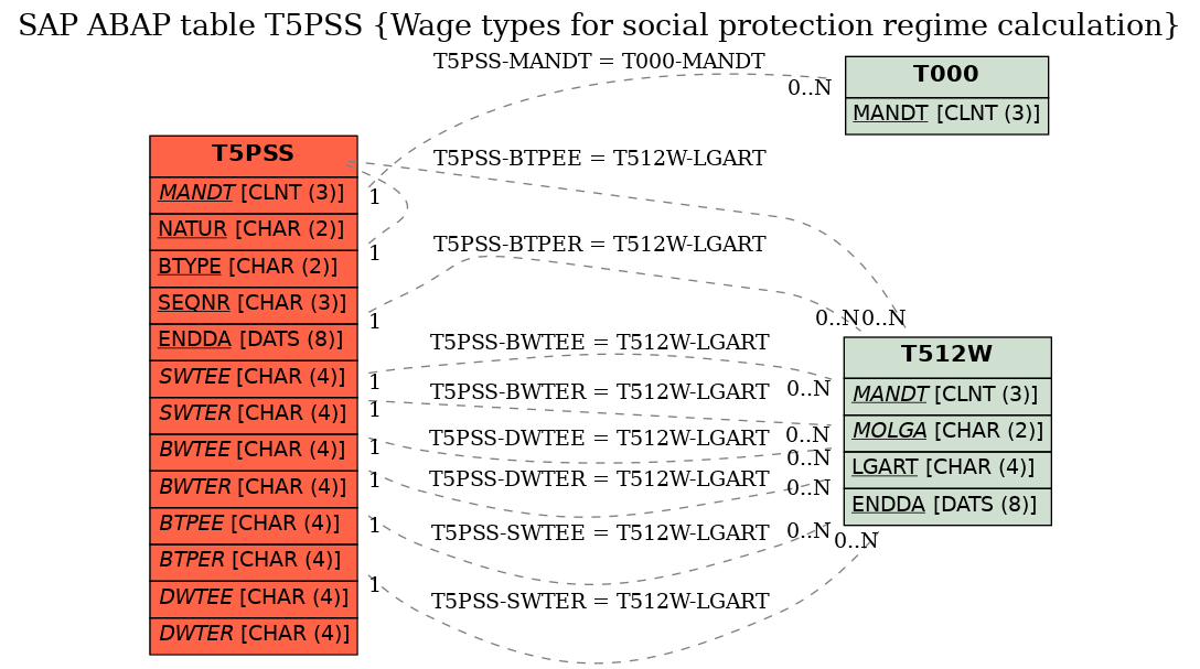 E-R Diagram for table T5PSS (Wage types for social protection regime calculation)