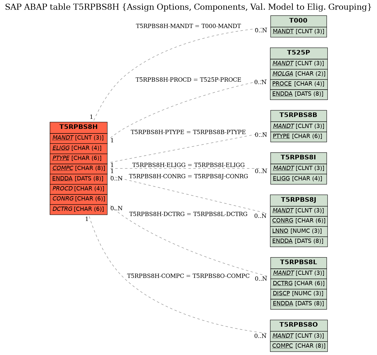 E-R Diagram for table T5RPBS8H (Assign Options, Components, Val. Model to Elig. Grouping)